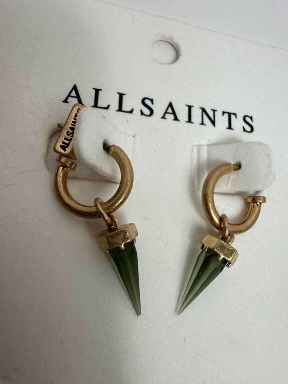 AllSaints Pierced Gold Hoops with Olive Green Spike Hang - Picture 3 of 6